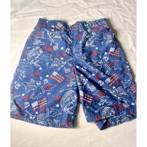 Columbia PFG Boys Swim Trunks Navy Blue Fishing Flag Americana Med 10/12